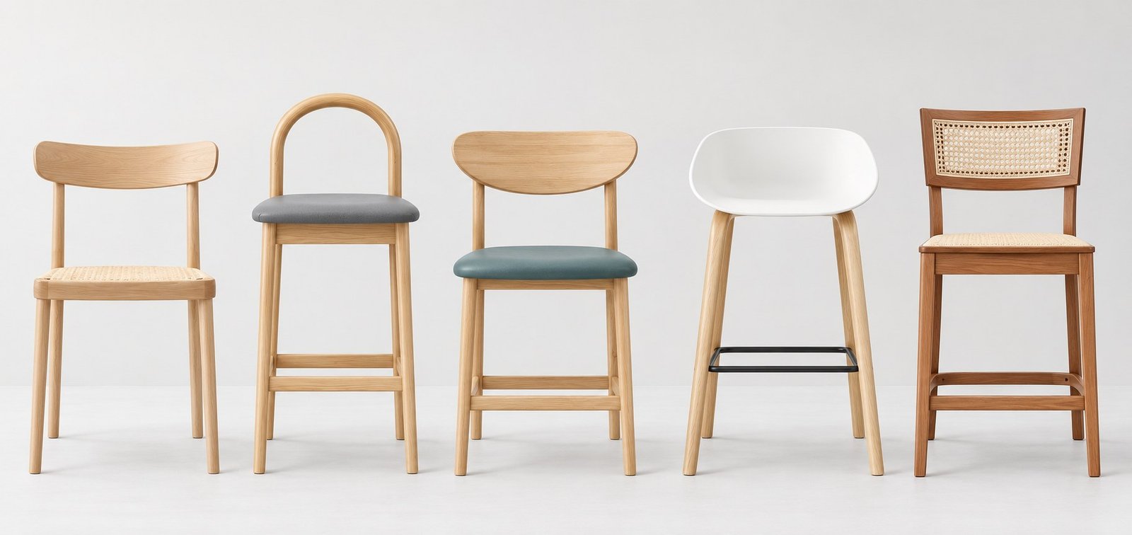 A lineup of five ASD Furniture chairs and stools on a studio backdrop